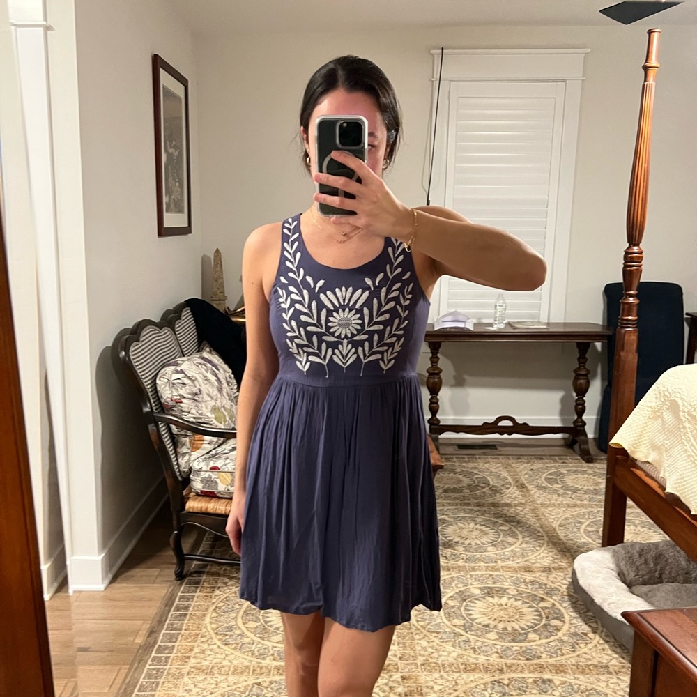 Slate Blue Embroidered Mini Dress